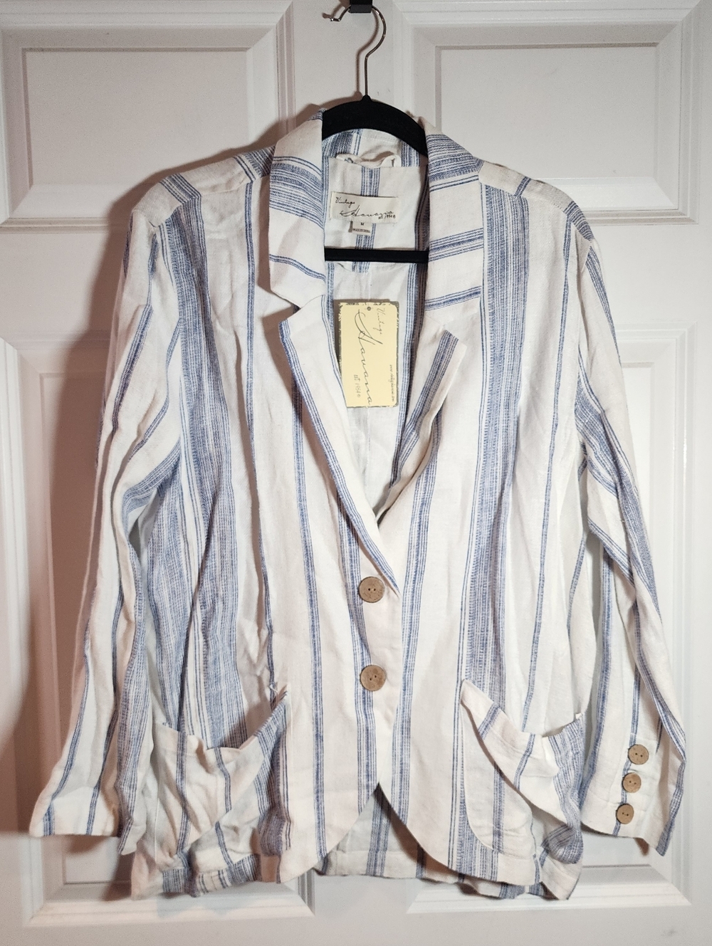NWT Vintage Havana Linen Blend Striped Blue and White Blazer Button Front M
